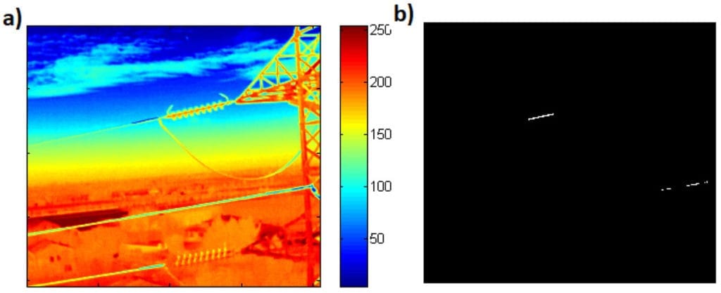 (a) Color map of IR image with semi-cluttered background, (b) Obtained hot spot in the power lines. After detecting power lines from visible image, histogram based thresholding on the registered IR image gives expected faults.