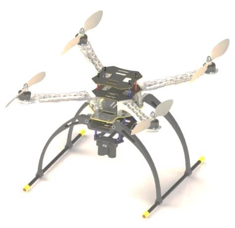 3D CAD design of the external structure of an aerial vehicle with a camera mounted on it.