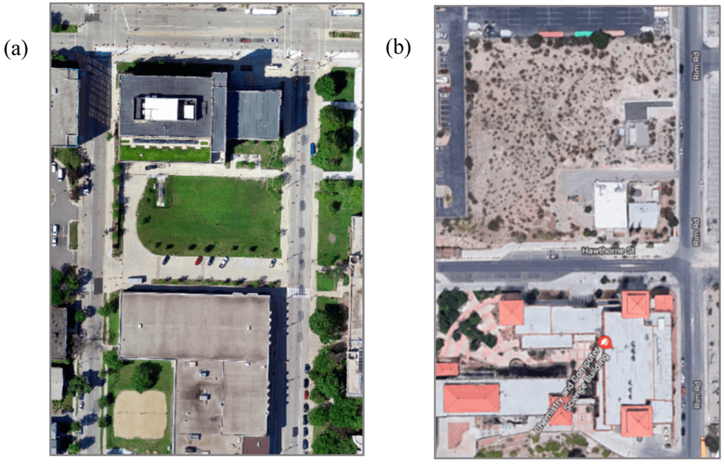 Visual imagery of the case study locations: Marquette University (a) and University of Texas El Paso (UTEP) (b). Visual imagery of Marquette was captured from a drone on 11 August 2018. Visual imagery of UTEP was pulled from Google Maps on 13 March 2019. 