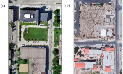 Visual imagery of the case study locations: Marquette University (a) and University of Texas El Paso (UTEP) (b). Visual imagery of Marquette was captured from a drone on 11 August 2018. Visual imagery of UTEP was pulled from Google Maps on 13 March 2019.
