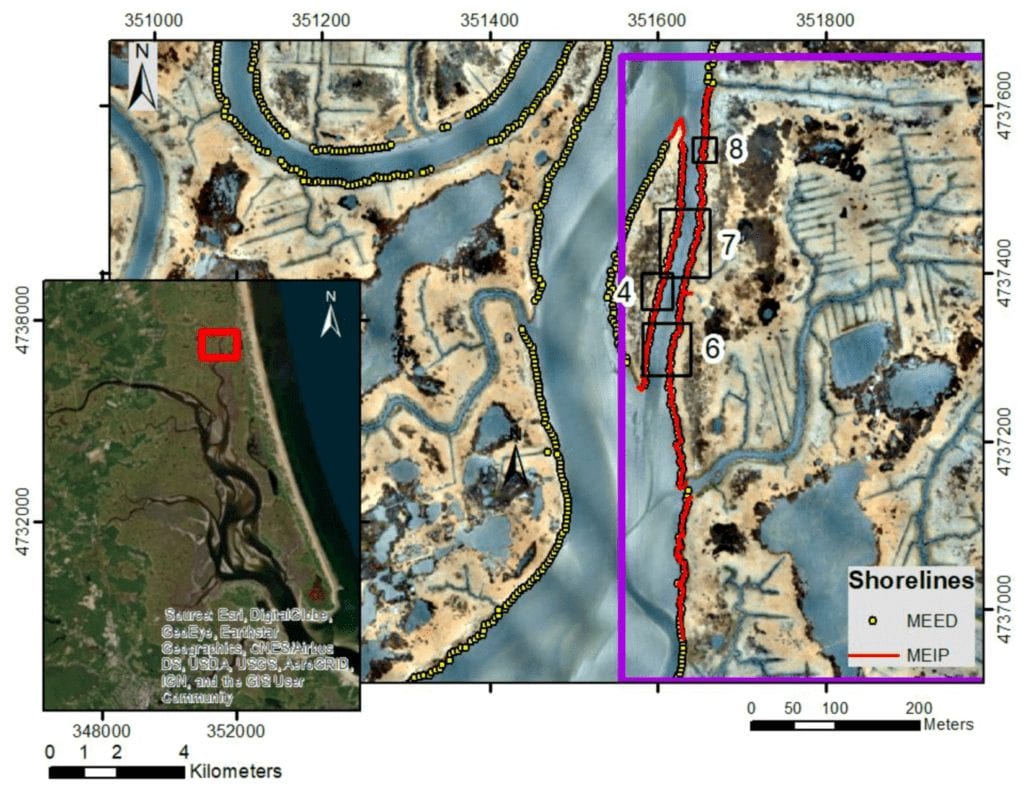 Plum Island Estuary, Massachusetts (MA). The shoreline calculated using the MEED method with unmanned aircraft system (UAS) data is shown with yellow dots. The unvegetated/vegetated line calculated using the marsh edge by image processing (MEIP) method with UAS data is shown as a red line. Box 4 indicates the area plotted in Figure 4. Box 6 indicates the area plotted in Figure 6. Box 7 indicates the area plotted in Figure 7. Box 8 indicates the area plotted in Figure 8. The purple line indicates the extent of the multispectral imagery used by the MEIP method. Imagery in main map is from UAS; imagery in the inset is from Esri.