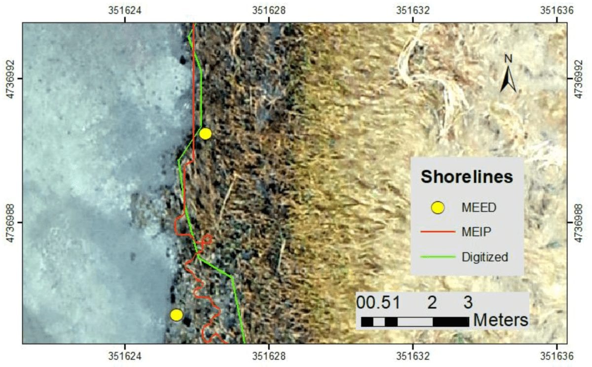 Plum Island Estuary, MA, UAS imagery. Yellow dots: Marsh scarp from MEED, red line: Unvegetated/vegetated line from MEIP, green line: Digitized edge of vegetation. The challenge in determining the location of shoreline with the heads-up digitization can be seen in the lower half of the image where the operator selected a somewhat subjective marsh shoreline, MEED method identified the maximum slope, and MEIP method identified a location somewhere between the two.