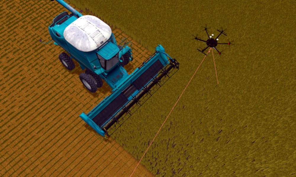 Automated harvesting process, with the unmanned aerial vehicle (UAV) in obstacle detection mode.